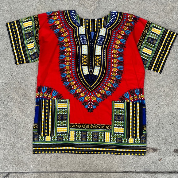Handmade Mens Dashiki Shirt African Hippie Vintage Red Tribal Blouse Sz M - Picture 15 of 16